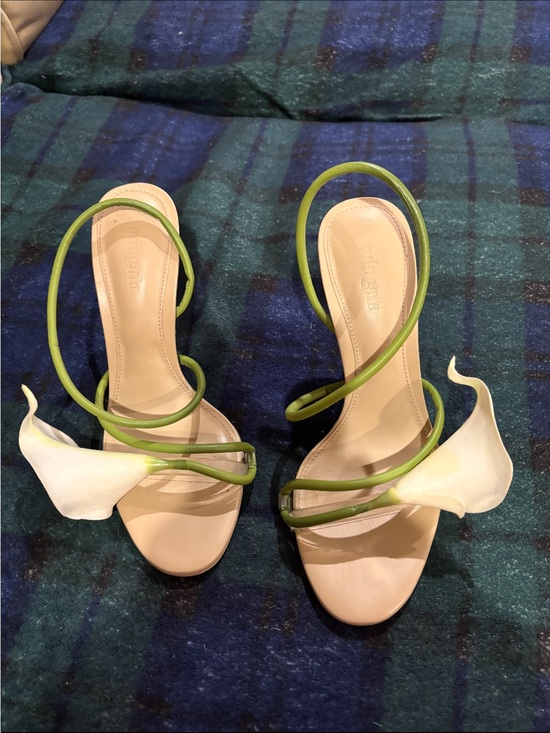 cult gaia Shoes - Cult Gaia Cassidy Beige and Green Calla Lily Spiral Strap Heels